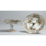 A VERY GOOD PAIR OF 19TH CENTURY DRESDEN PIERCED COMPORTS painted with flowers and figures mark in