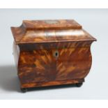 A GOOD REGENCY TORTOISESHELL STRAIGHT FRONTED TWO DIVISION TEA CADDY, ON FOUR BUN FEET. 6.5ins
