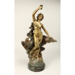 E. DROUOT (1859 - 1945) FRENCH. HEBE. A GILT BRONZE OF A CLASSICAL LADY with an eagle. Signed on a