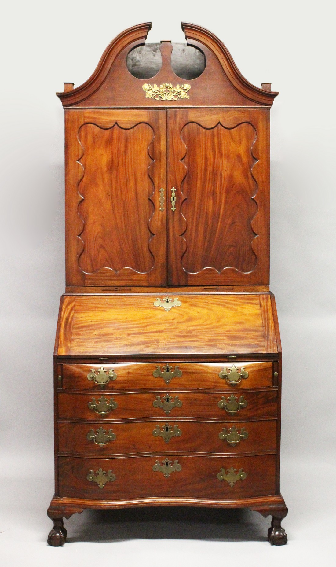 A SUPERB 18TH CENTURY AMERICAN, BOSTON, MAHOGANY, BUREAU BOOKCASE, the top with shaped cornice