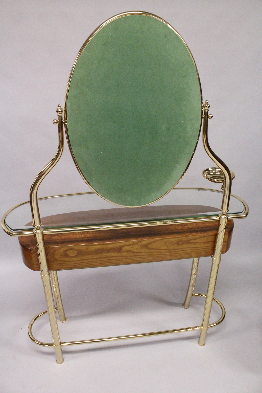 A STYLISH BURRWOOD, BRASS AND GLASS DRESSING TABLE, 20th Century with an oval mirror, bevelled glass - Image 4 of 4