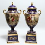 A SUPERB LARGE PAIR OF 19TH CENTURY VIENNA URN SHPAED VASES, COVERS AND STANDS with rich blue ground