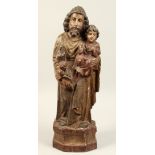 AN 18TH CENTURY ITALIAN CARVED AND GILDED FIGURE OF JOSEPH AND JESUS. 24ins high.