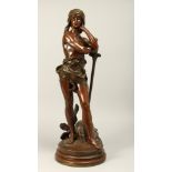 HENRI PLE - "DAVID VAINQUEUR" A VERY GOOD BRONZE OF DAVID HAVING SLAIN GOLIATH, resting on a