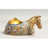 A SUPERB RUSSIAN SILVER ENAMEL KOVSH with a horses head handle. 3.5ins diameter. Bears stamp: 84 J.