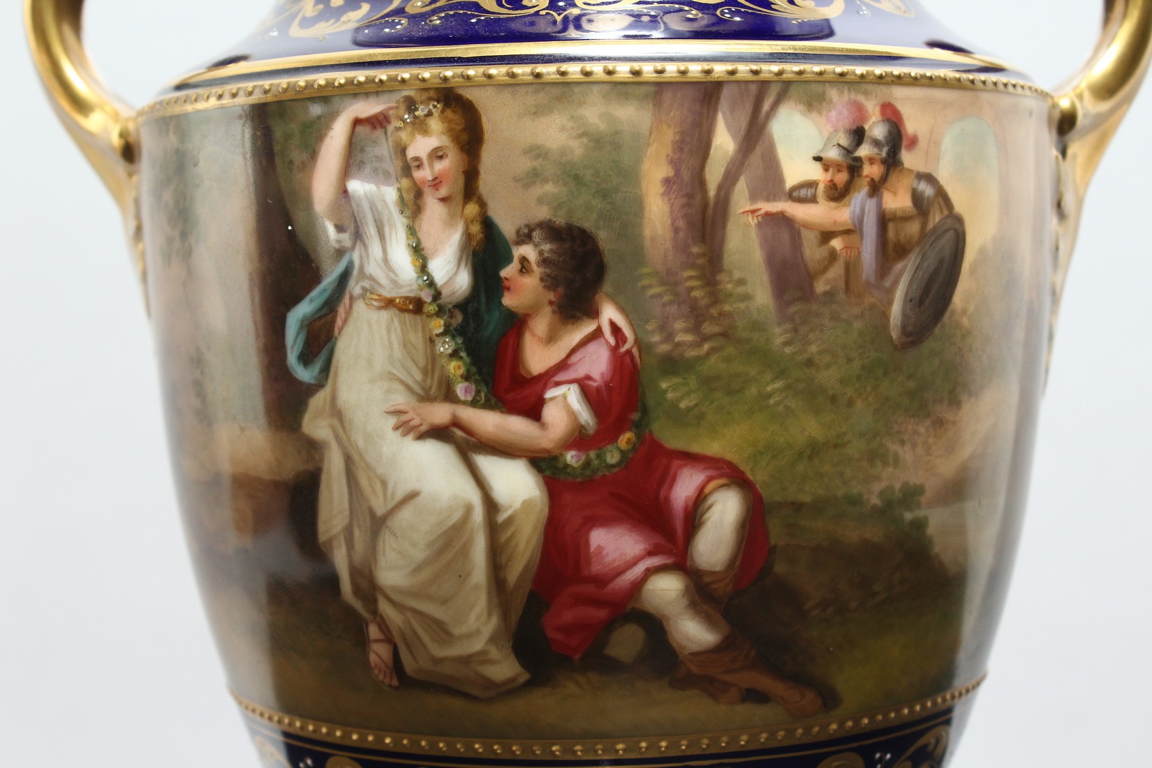 A SUPERB LARGE PAIR OF 19TH CENTURY VIENNA URN SHPAED VASES, COVERS AND STANDS with rich blue ground - Image 9 of 17