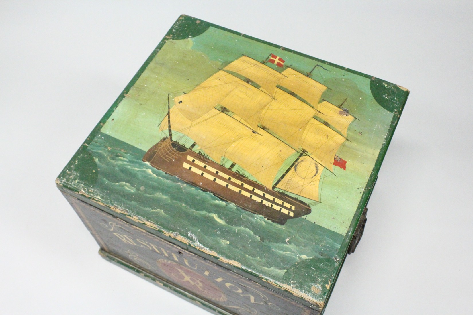 A GOOD PAINTED MILITARY PINE CHEST, the lid painted with a sailing ship, dated 1840. 1ft 11ins long, - Image 2 of 4