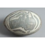 AN EMU EGG etched with a kangaroo and a map of Australia. 4.5ins high.