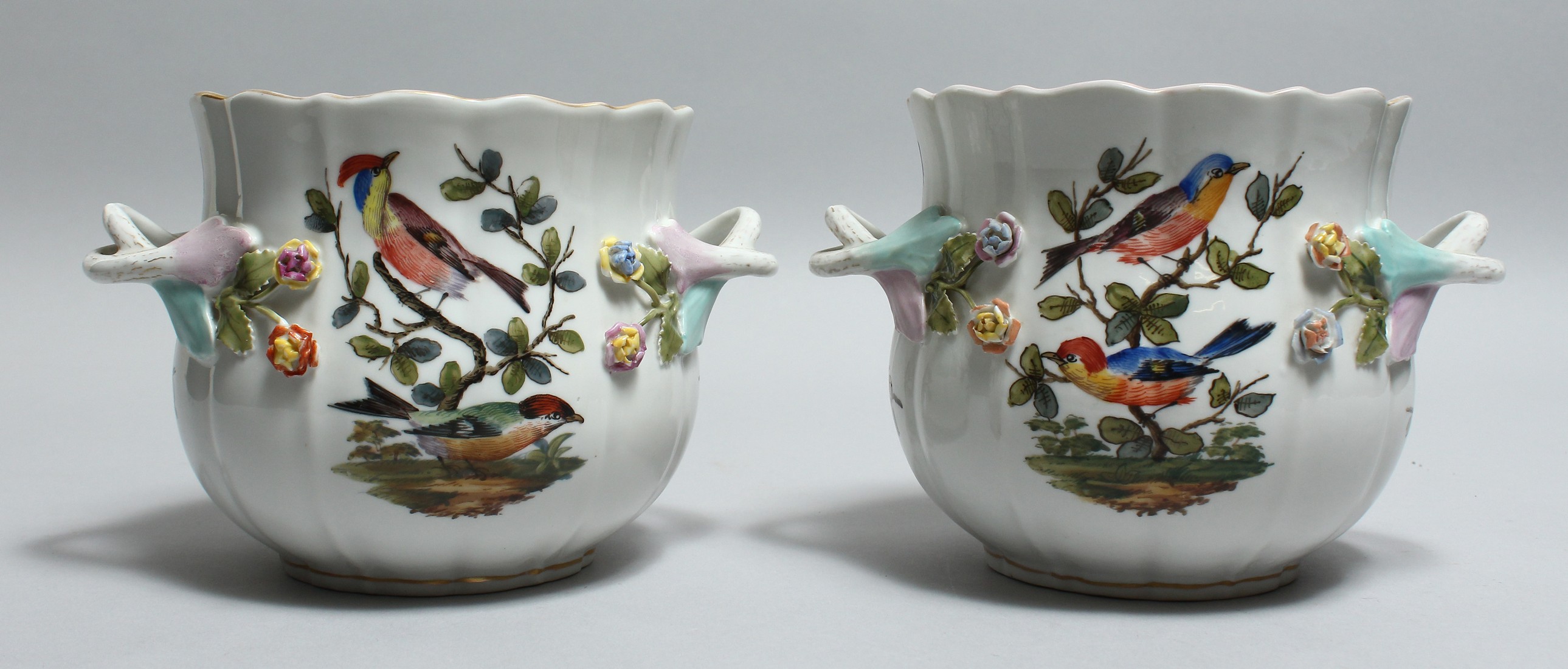 A GOOD PAIR OF DRESDEN PORCELAIN TWO HANDLED CACHE POTS painted and encrusted with birds and flowers