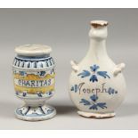 A LATE 18TH CENTURY BLUE AND WHITE JUGLET 'JOSEPH'. 7.5ins high and A DRUG JAR 'CHPRITAS' 5.5ins