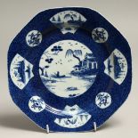 A GOOD BOW BLUE AND WHITE OCTAGONAL PLATE, circa. 1760 - 1765, with Chinese designs. 9ins