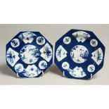 A PAIR OF BOW BLUE AND WHITE OCTAGONAL PLATES, circa. 1760 - 1765, with Chinese designs. 6.25ins