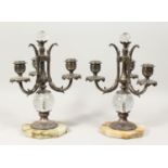 A GOOD PAIR OF SILVER PLATED, GLASS AND ALABASTER CANDELABRA, with three scrolling branches, glass