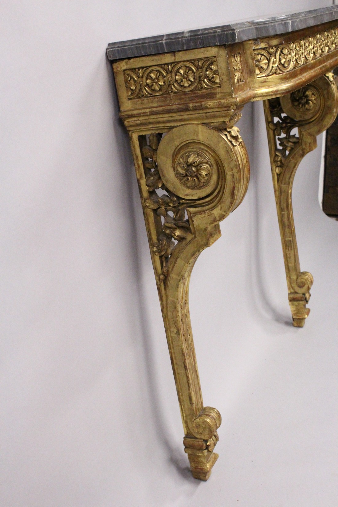 A GOOD 19TH CENTRUY MARBLE AND CARVED GILTWOOD CONSOLE TABLE with a bow fronted top, floral and - Image 3 of 6