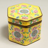 A CANTON YELLOW ENAMEL HEXAGONAL BOX AND COVER