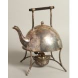 AN ARTS AND CRAFTS SILVER PLATED TEA KETTLE ON STAND after a design by CHRISTOPHER DRESSER, circa.