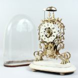 A 19TH CENTURY BRASS SKELETON CLOCK, with fusee movement, striking on a bell, under a glass dome
