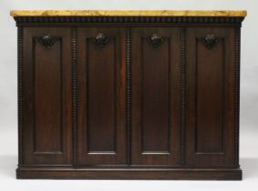 A 19TH CENTURY ROSEWOOD AND MARBLE FOUR DOOR SIDE CABINET, with painted faux rouge marbled top,