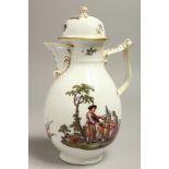 AN 18TH CENTUY MEISSEN COFFEE POT AND COVER painted with reverse scenes of figures and sprigs of