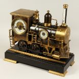 A GOOD STEAM TRAIN CLOCK AND BAROMETER with two dials, brass mounts on a marble base.