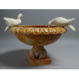 A GOOD VARIAGTED YELLOW MARBLE PEDESTAL BIRDBATH, with egg and dart rim, mounted with a pair of