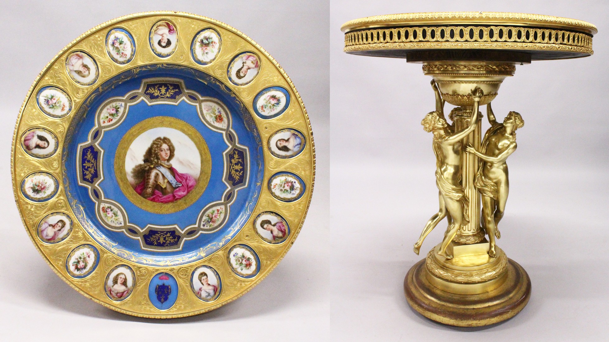 A SUPERB 19TH CENTURY SEVRES AND ORMOLU GEURIDON, thecircular top inset with a painted porcelain