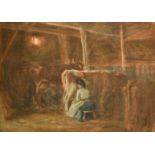 W. Evans Linton, Milkmaid in a barn, watercolour, signed 11.25" x 15.5" and other three