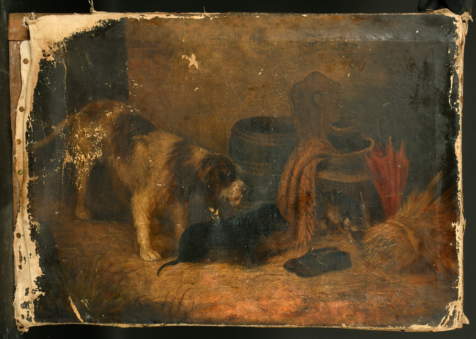 19th Century English School, a scene of dogs in a barn interior, oil on canvas, indistinctly signed, - Image 2 of 4