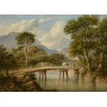 James Nasmyth (1808-1890) Scottish, An extensive mountain river landscape with a horse and figure