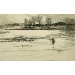 Norman Wilkinson (1878-1971) British, an angler wading in a wide river, etching, signed in pencil,