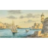 Carmelo Galea, Maltese, a view of traditional boats in a harbour in Malta, watercolour, signed, 4.