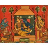Jamini Roy (1887-1972) Indian, Krishna and a female figure in a temple with others in attendance,