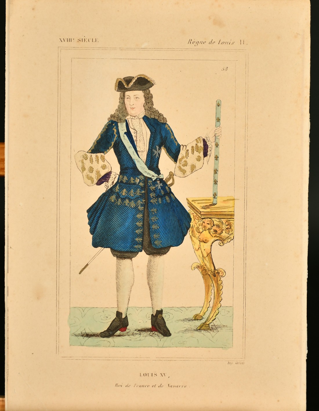 A group of nine hand coloured French prints of historical costumes, 8.5" x 6", five glazed, four - Image 8 of 10