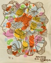 Rene Portocarrero (1912-1986) Cuban, a head study of a female, colour print on fabric, signed and