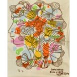 Rene Portocarrero (1912-1986) Cuban, a head study of a female, colour print on fabric, signed and