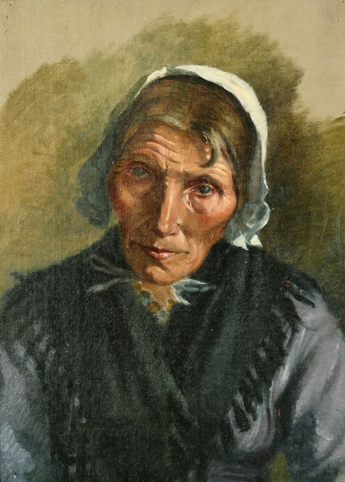 Late 19th early 20th Century, Portrait of an elderly lady wearing a white bonnet, oil on board,