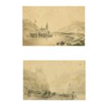 Two pencil sketches of Continental River scenes, framed in the same frame, each 4" x 6".