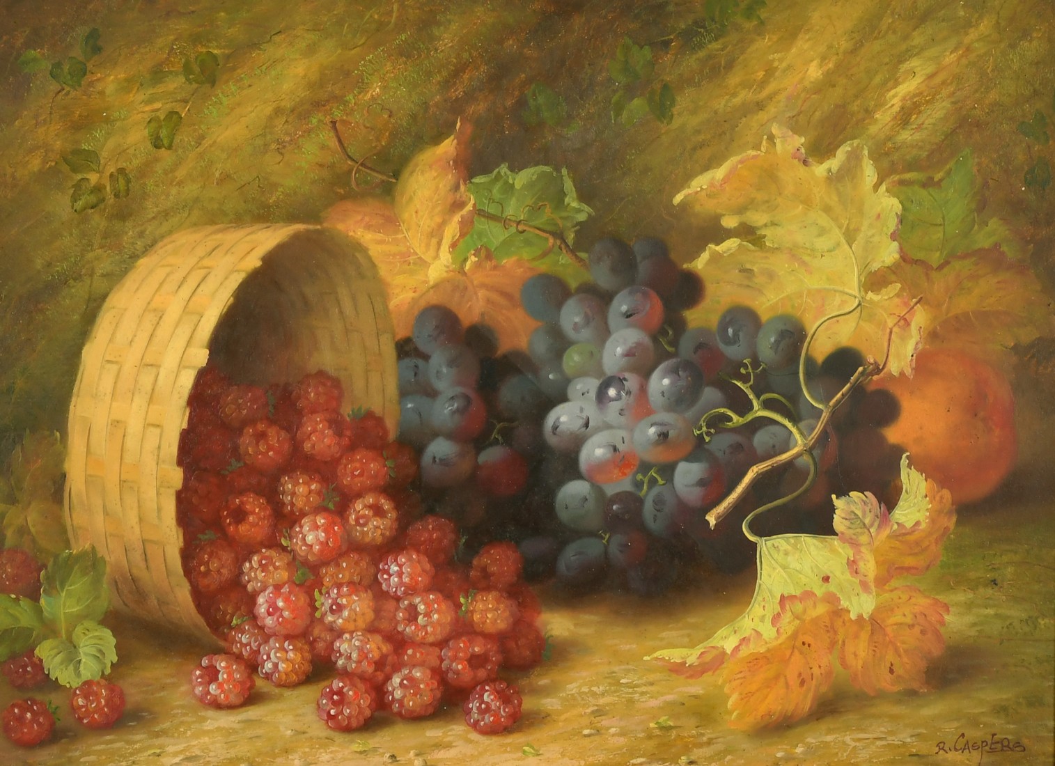 R. Caspers (20th Century), a still life of grapes and raspberries, oil on panel, signed, 12" x 16".