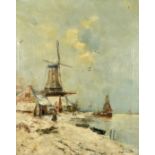Early 20th Century Dutch School, figures and windmills by a waterway in winter, oil on canvas,