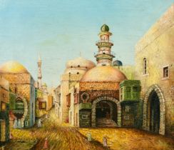 19th/20th Century School, figures in a North African street, oil on canvas, signed with initials J.