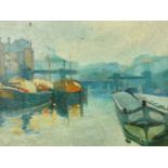 Early 20th Century, Barges moored on the river, oil on canvas, 17.5" x 23".