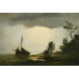 Adolphus Knell (1801-1875) Moored sailing boats on the coast with a grey stormy sky, oil on