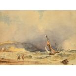 19th Century watercolour scene of boats at Beadnell Bay, Northumberland, 6.75" x 9.75" along with