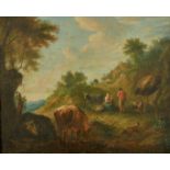 18th Century Continental School, Figures in a landscape with their animals, cows, goats and a dog,