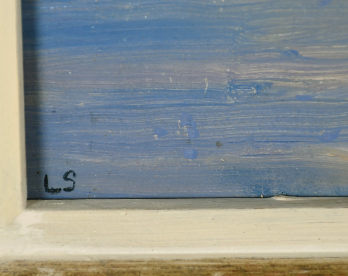 L.S. circa 1930, a view of the setting sun at sea, oil on panel, signed with initials, along with - Image 3 of 6