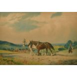 Joseph Kirkpatrick (1872-1930) British, a ploughing scene, aquatint in colour, signed in pencil,