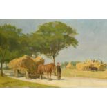 20th Century, Horse and hay carts in the field and on the track with figures, oil on canvas,