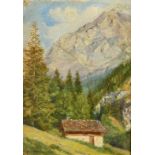 Circle of Edward Harrison Compton, A chalet on a hillside with pine trees and mountains beyond,