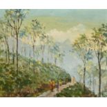 Ramanayake, Sri Lankan, A pair, figures on forest tracks, oils on canvas board, both signed and