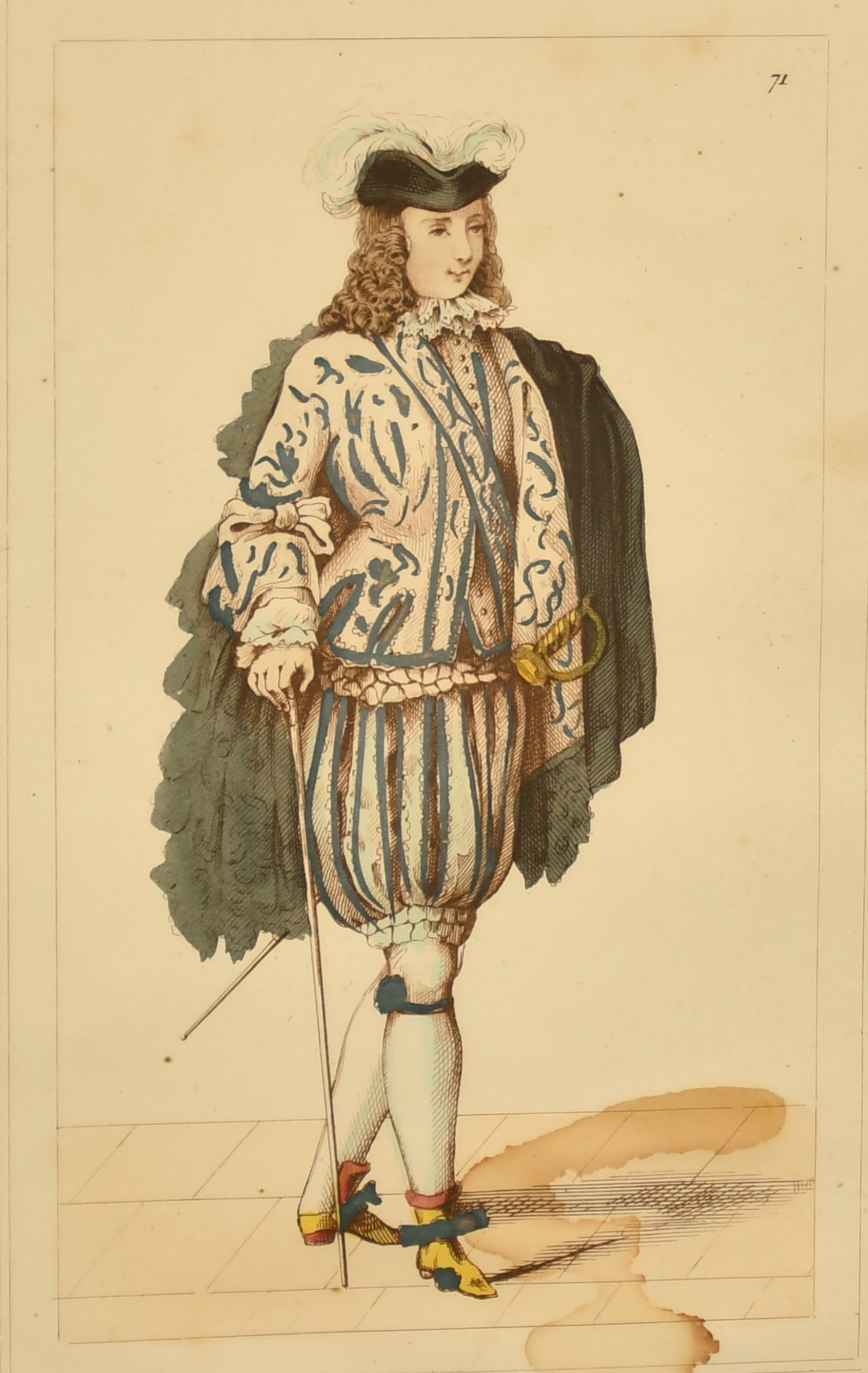 A group of nine hand coloured French prints of historical costumes, 8.5" x 6", five glazed, four